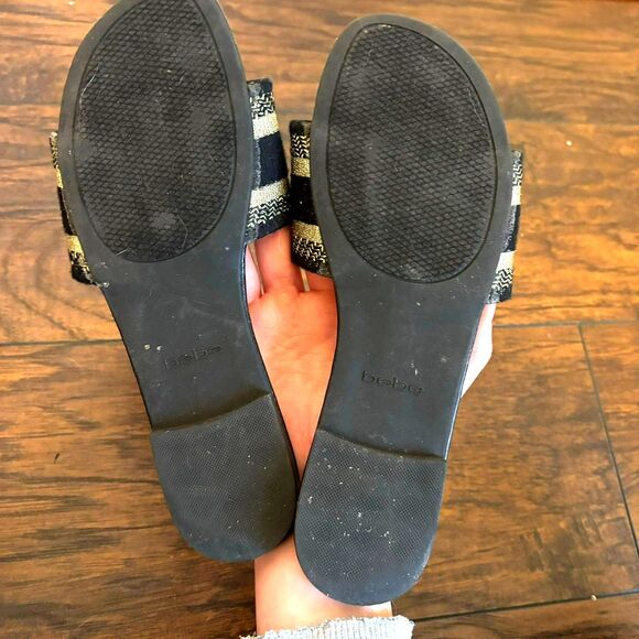 Y2K Bebe size 7.5 Monogram Logo Gold and Black Summer Beach Slides - Picture 4 of 5